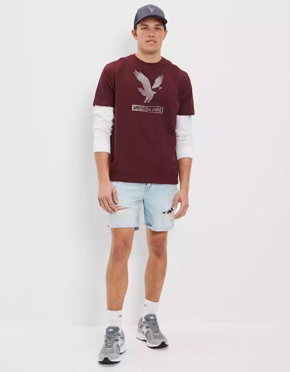 T Shirt Graphique American Eagle AE Super Soft Logo Bordeaux Homme | TPD-62170442